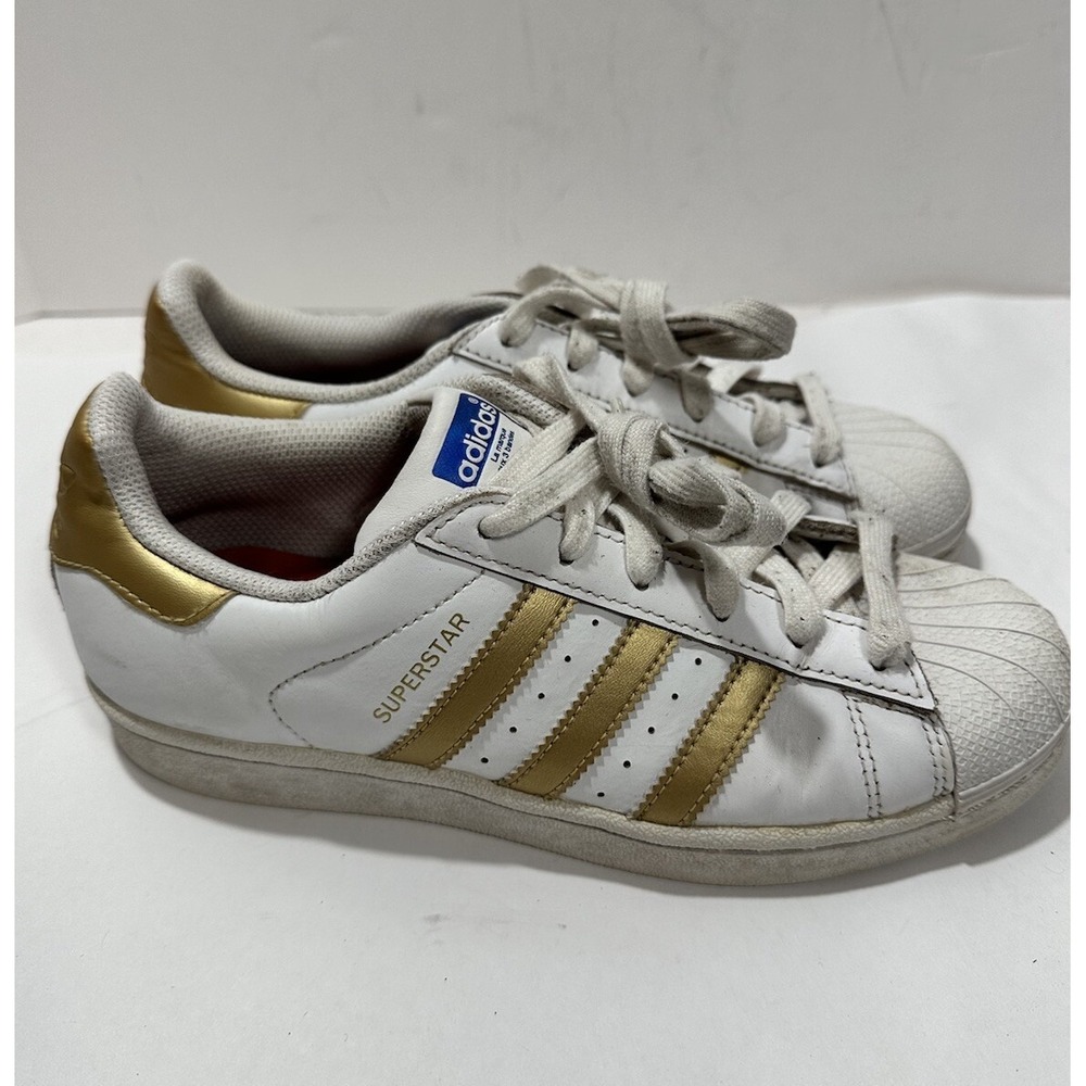 Adidas Superstar Athletic‎ Shoes Leather Mens Size 5 White Gold B39402 Sneakers